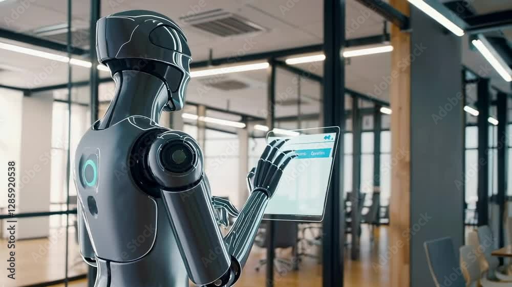 Aufkleber Advanced robot interacting with futuristic transparent tablet computer in modern office environment, showcasing the potential of artificial intelligence in slow motion