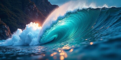 Fototapeta premium Majestic Ocean Wave Crashing at Sunset, a Breathtaking Display of Nature's Power and Beauty