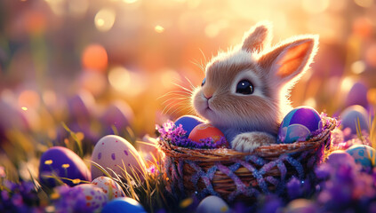 Adorable Baby Easter Bunny in a Nest Filled with Colorful Easter Eggs