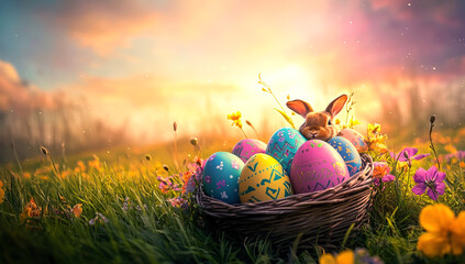 Beautiful image of Adorable Easter Bunny nestled in a basket of colorful eggs in a spring meadow
