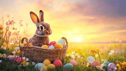 Adorable Easter Bunny sits in a wicker Basket overflowing with colorful Easter Eggs at Sunrise