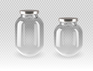 Two empty transparent glass jars with silver metal lids, isolated on a checkered background. Different sizes for kitchen storage, food preservation, and packaging. Ideal for pantry organization.