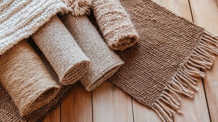 A close-up of natural fiber rugs in beige and brown tones on a wooden floor.