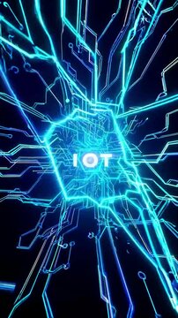 Internet of Thing, Abstract neural pathways merging with circuit patterns, electric-blue gradients, text IoT glowing in the center. Vertical video backgrounds

