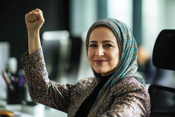A woman wearing a headscarf stands with her fist raised, conveying a sense of empowerment and determination
