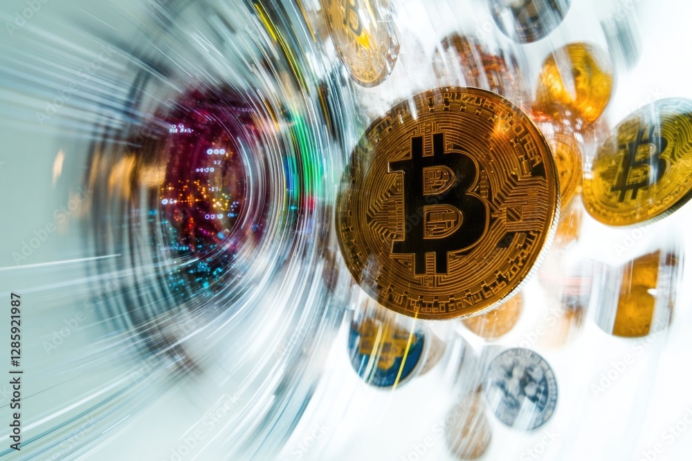 Poster a close-up view of bitcoin particles suspended in the air, with a blurred background