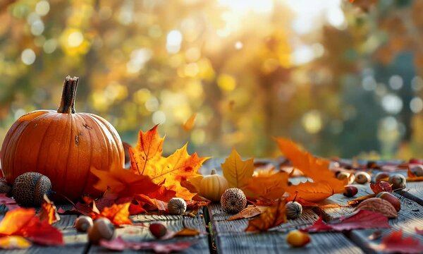 A vibrant autumn scene featuring a pumpkin surrounded by colorful leaves and acorns on a wooden surface.