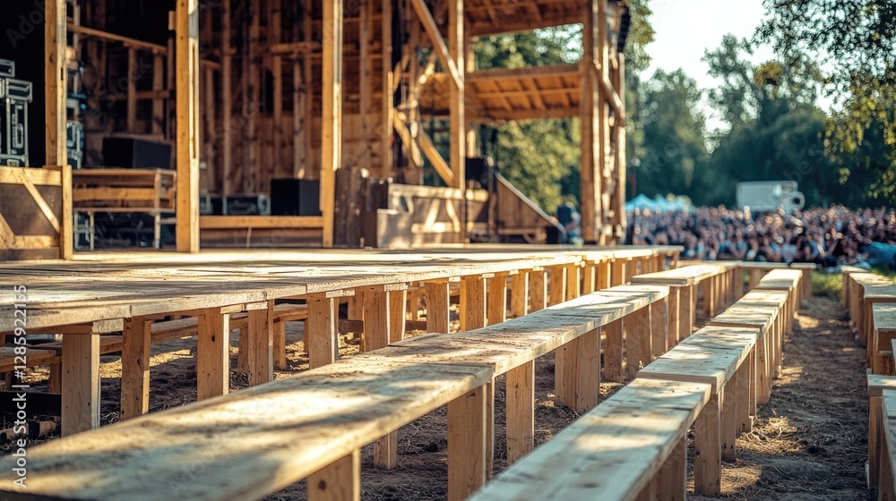 Poster a packed stage with wooden benches and a large audience, suitable for use in event or concert scenes