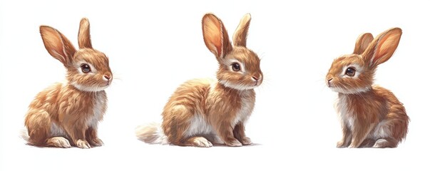 Three cute rabbits sitting in a row on a white background, showcasing soft fur and curious ears.
