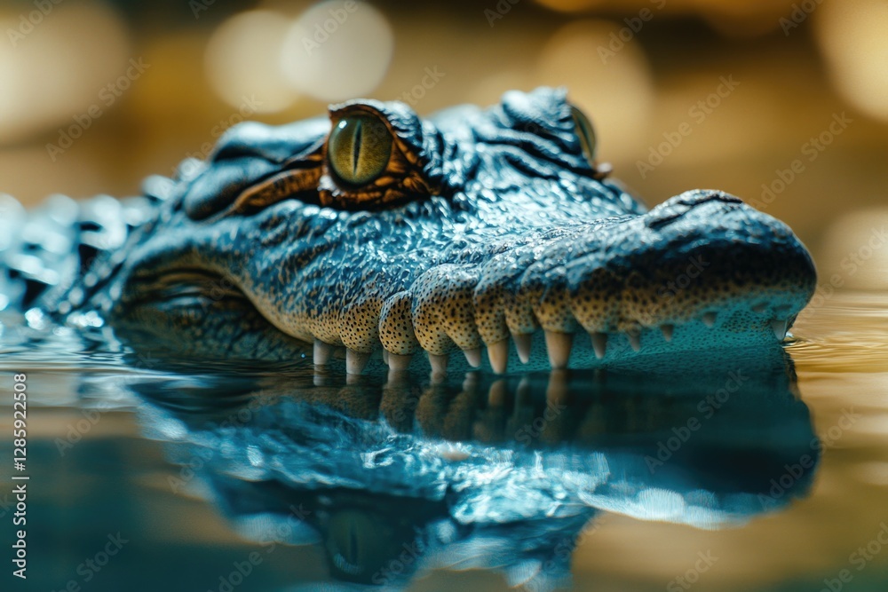 Poster a close-up view of an alligator's head peeking out of the water, informative and useful for underwat