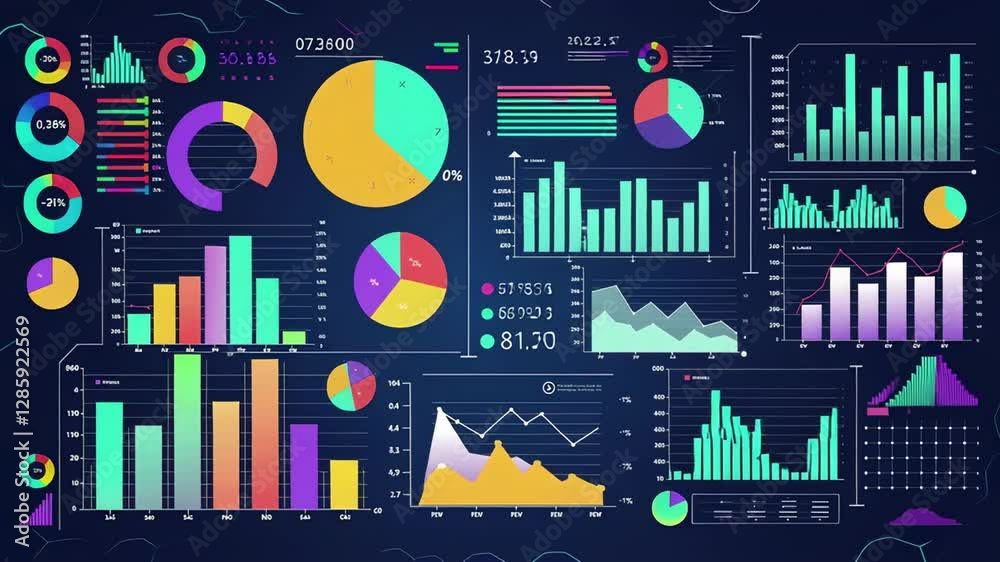Poster Colorful animated infographics displaying financial statistics through dynamic bar graphs, pie charts, and line graphs representing market trends and performance indicators on dark blue background
