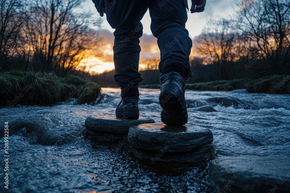 Poster a person wading through a river using stepping stones for support