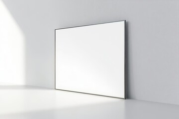 minimalist floating display screen in pure white room with subtle ambient shadows perfect for digital art showcase