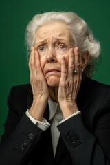 A senior woman hiding her face with her hands, possibly feeling emotional or distressed