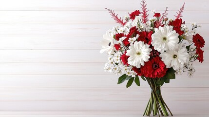 Fototapeta premium Bouquet of red and white flowers on a light wooden background. Possible use for greeting cards, weddings, or home decor