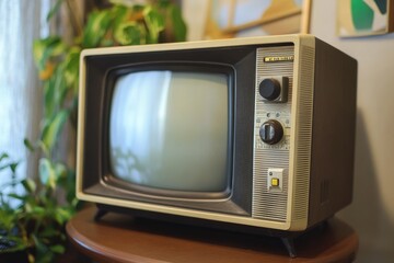 A small television sitting on a wooden table, ideal for decorating or storytelling purposes