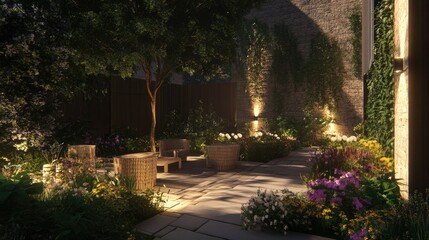 Fototapeta premium A garden patio with biodegradable outdoor furniture and solar-powered lights.
