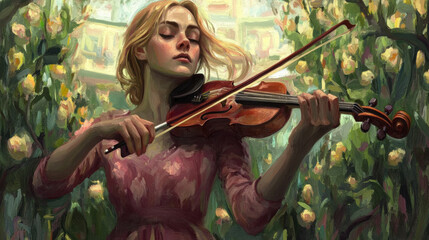 Fototapeta premium A serene depiction of a young woman playing the violin amidst a lush floral backdrop, exuding a romantic and dreamy atmosphere.