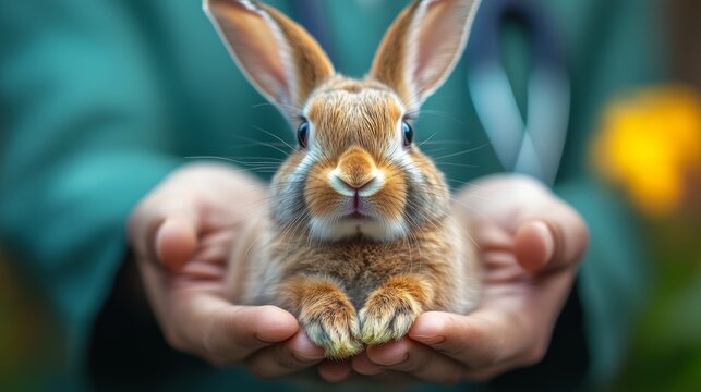 Person is holding a rabbit in their hands. The rabbit is brown and has big eyes. The person is wearing a green shirt