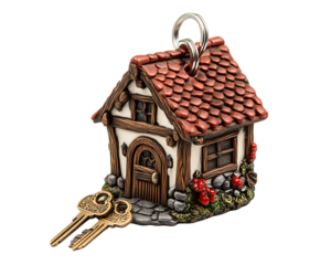 Small clay house with flowers and keys isolated on transparent background