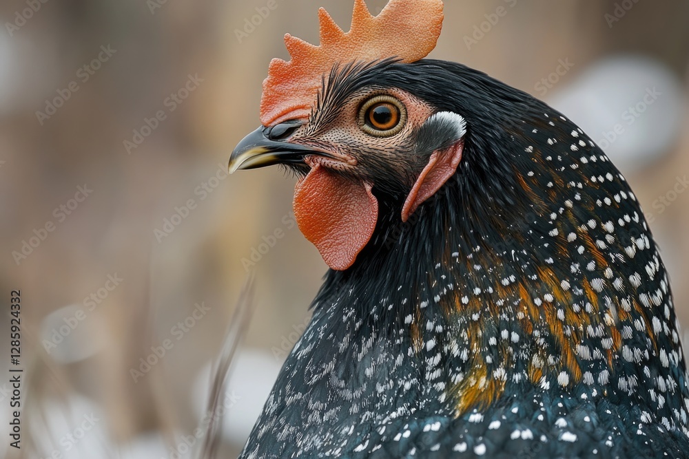 Poster a close-up view of a chicken's face, highlighting its distinctive red beak