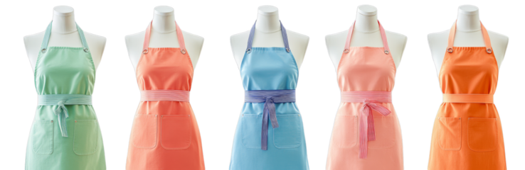 Collection of colorful aprons displayed on mannequins with varied belt designs