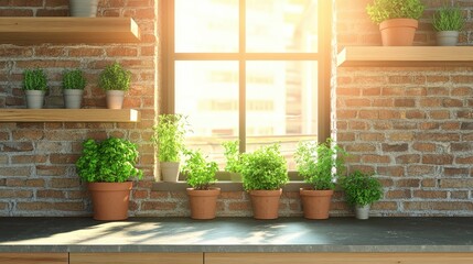 Fototapeta premium A kitchen with wooden shelves, stone countertops, and potted herbs on the windowsill.
