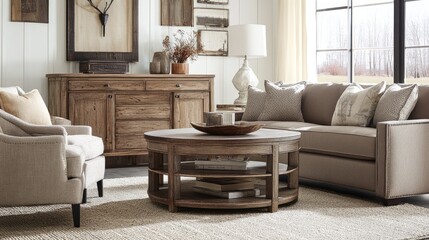 Obraz premium A living room with earth-toned furniture, wooden accents, and natural textures.
