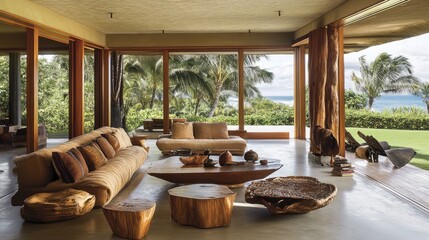Fototapeta premium A living room with earth-toned furniture, wooden accents, and natural textures.