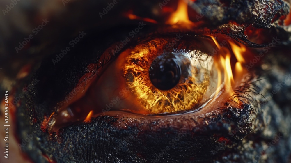 Poster close-up of an eye with flames burning in the background, perfect for representing intense emotions 