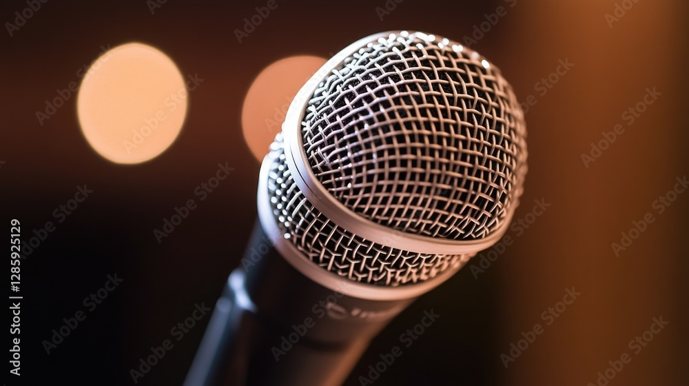 Poster A close-up view of a microphone with a blurry background, ideal for use in music or audio-related contexts