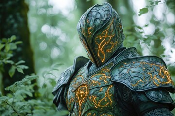 Obraz premium A medieval-style warrior stands amidst trees in a woodland setting