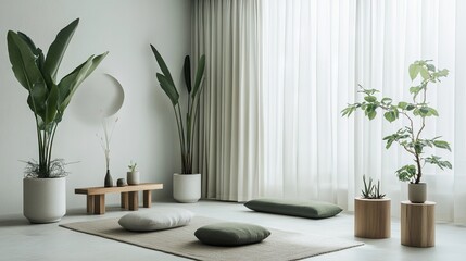 A minimalist living space with biodegradable furniture and indoor plants.
