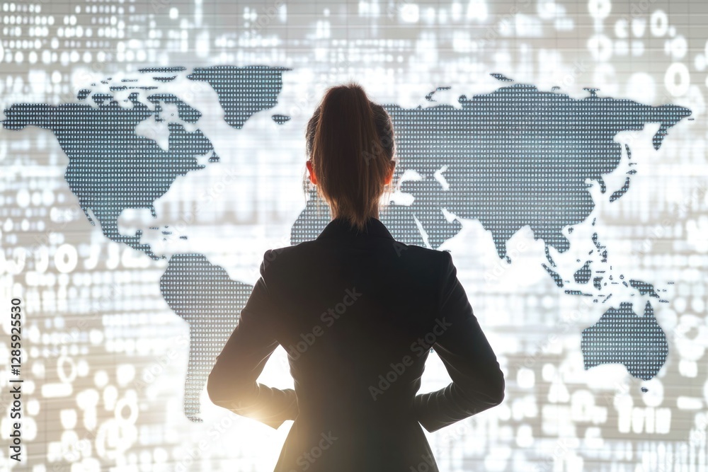 Poster a person standing next to a large screen displaying a world map, ideal for travel or education conce