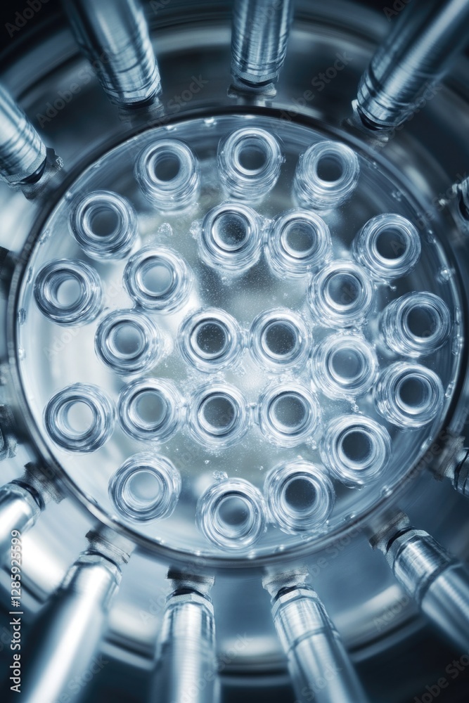 Poster A close-up shot of a machine filled with multiple bottles, suitable for use in industrial or commercial settings