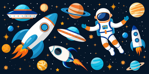 A set of space-themed elements for children with an astronaut, rockets and planets