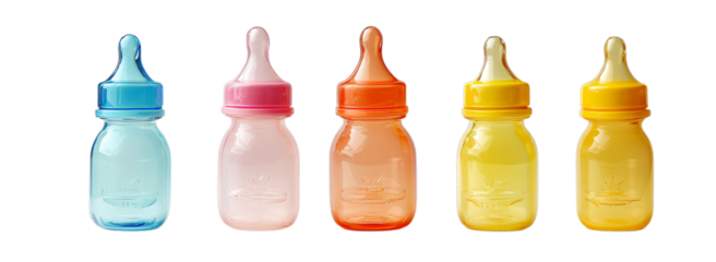 Colorful baby bottles with nipples in various shades arranged in a row