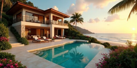 Luxury Coastal Residence with Infinity Pool and Ocean View at Sunset