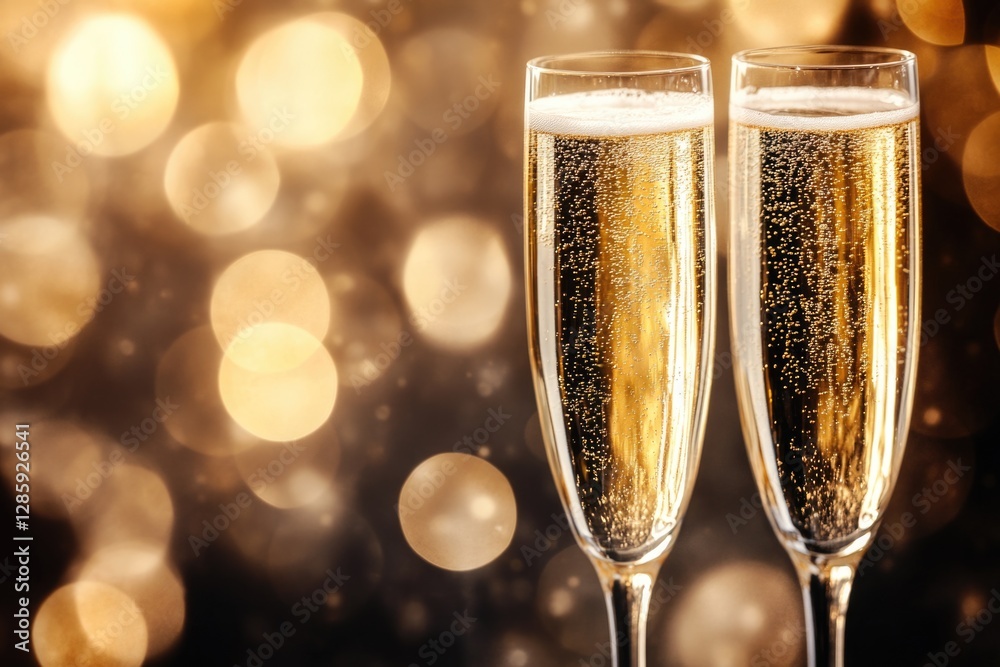 Poster a pair of champagne glasses on a table with colorful lights in the background, perfect for toasting 