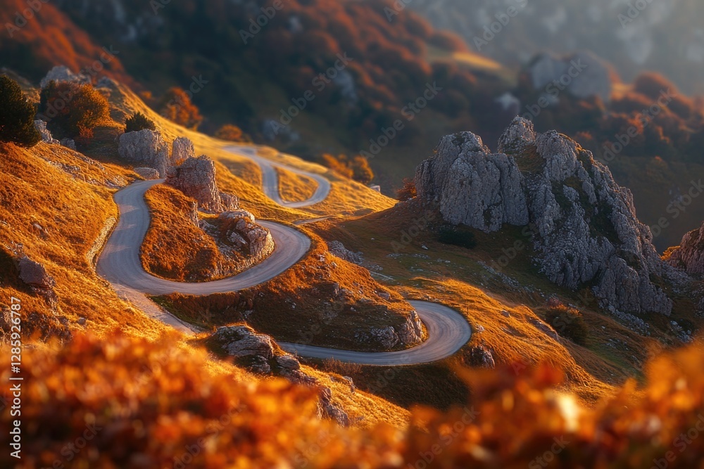 Poster a winding road in the middle of a mountain with scenic views and no traffic