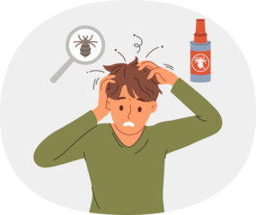 Man with lice in hair experiences discomfort and itching due to parasites, needs medical treatment. Guy with dissatisfied grimace became infected with lice because of non-compliance with hygiene rules