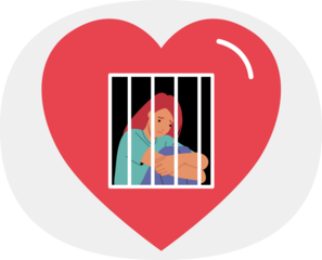 Woman victim of toxic relationship sits in prison, located behind bars inside large heart. Girl victim of relationship needs psychological help to get rid of depression and stress.