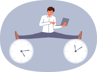 Business man enjoying flexible work schedule, does splits at two clock symbolizing deadlines and holding laptop in hands. Nimble guy demonstrates productivity skills to meet deadlines