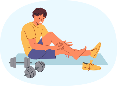 Injured sportsman sits on mat for sports and gymnastics near dumbbells, after stretching muscles on legs. Injured athlete experiences pain and agony after careless use of sports equipment