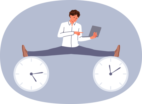 Business man enjoying flexible work schedule, does splits at two clock symbolizing deadlines and holding laptop in hands. Nimble guy demonstrates productivity skills to meet deadlines