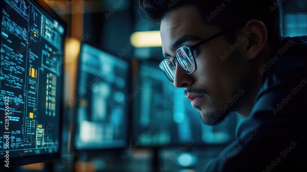 Poster A person wearing glasses sits in front of a computer screen, focused on the task