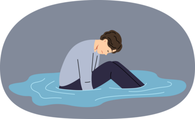 Depressed man sits in puddle of tears, feeling apathy after breaking up with girlfriend or being fired from job. States of apathy in guy in need of friendly support or help from psychologist