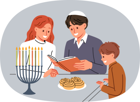 Jewish family celebrates day of hanukkah and reads holy book together, standing near table and minors. Jewish mom and dad read encyclopedia to little son, talking about traditions of people of israel
