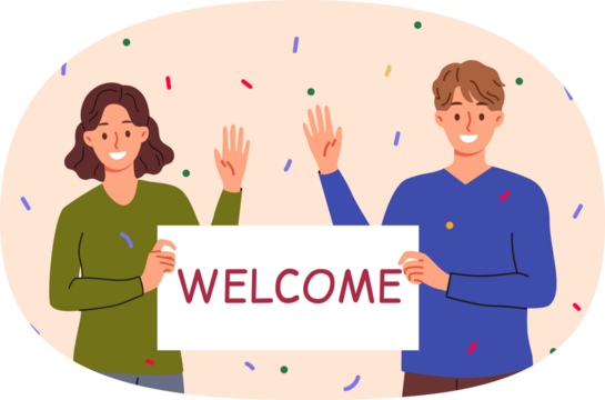 Welcome banner in hands man and woman waving hand in greeting and inviting guests to festival. Cheerful couple shows inscription welcome, standing among falling candy during housewarming party - Powered by Adobe