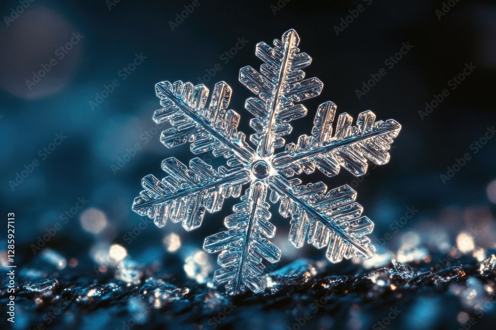 Poster A close-up shot of a delicate snowflake on a dark background